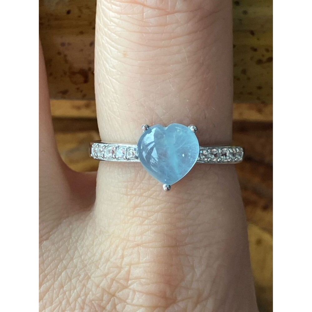 Genuine Aquamarine Sterling Silver Heart Ring Size 8.75